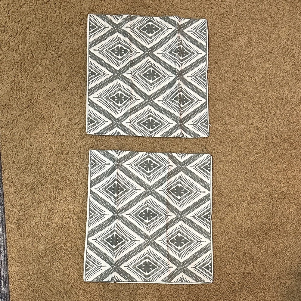 NEW! Two Gray and White Embroidered Throw Pillow Cases